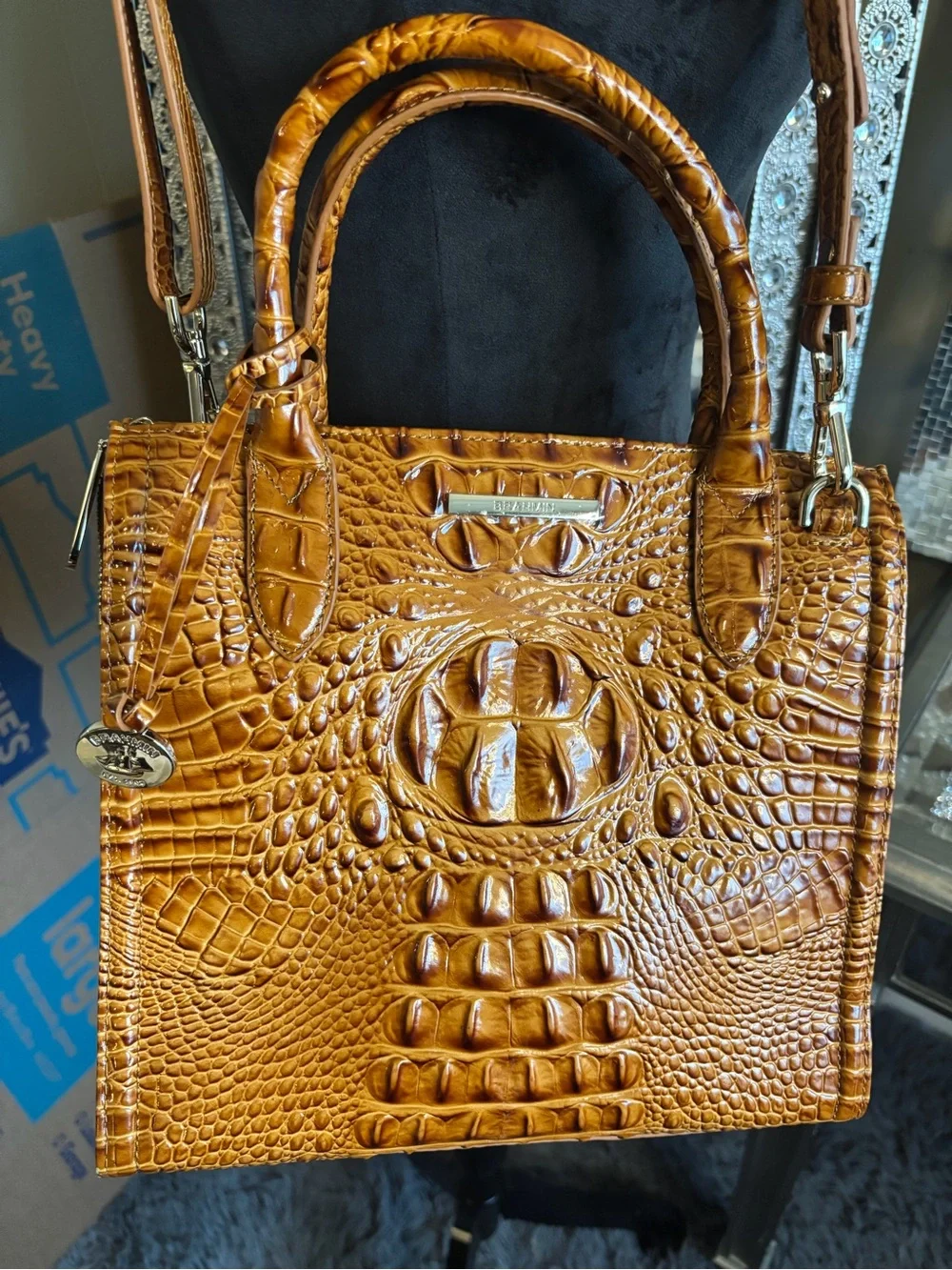 🌟Brahmin Croc-Embossed Leather Satchel in Cognac Brown
